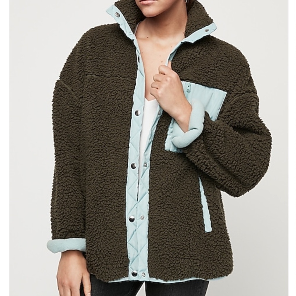 Oversized cozy color block teddy jacket